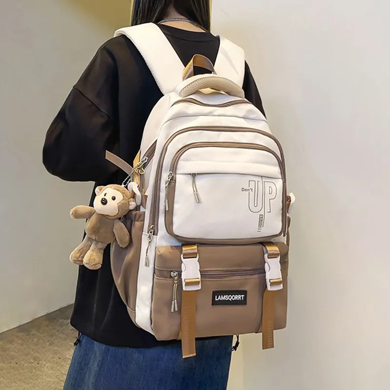 Narandu Fabric Backpacks Large Size Unisex Milk Tea/Burgundy/Pink & Blue-1