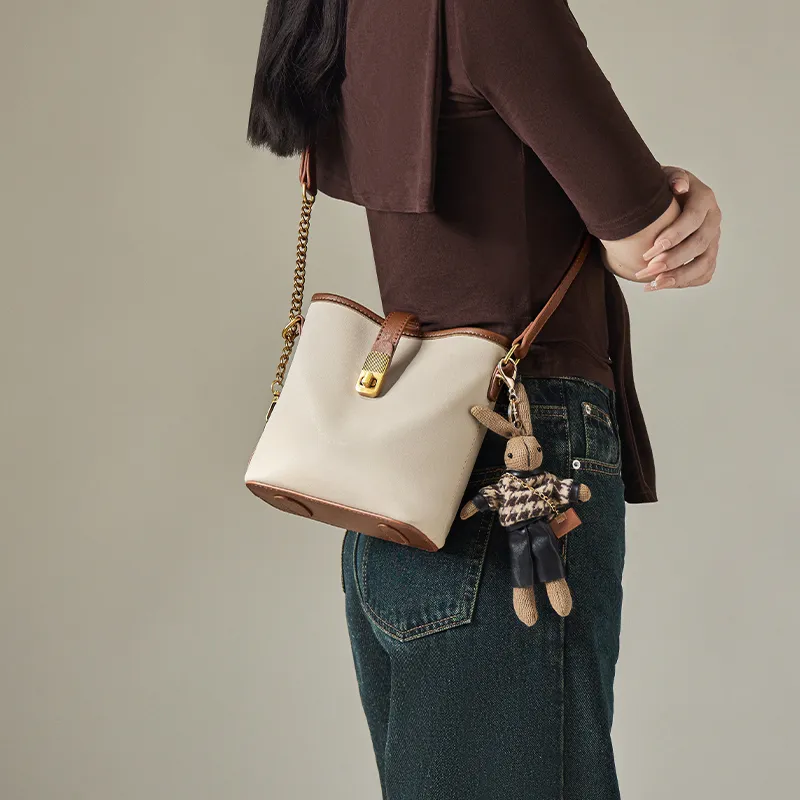 Narandu Synthetic Leather With Cow Leather Bucket Bag, Shoulder Bag Small Size Women's Vegetable Tanned Ecru & Brown-2