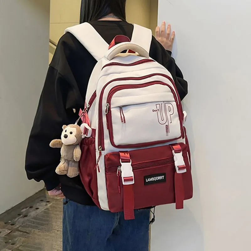 Narandu Fabric Backpacks Large Size Unisex Milk Tea/Burgundy/Pink & Blue-7