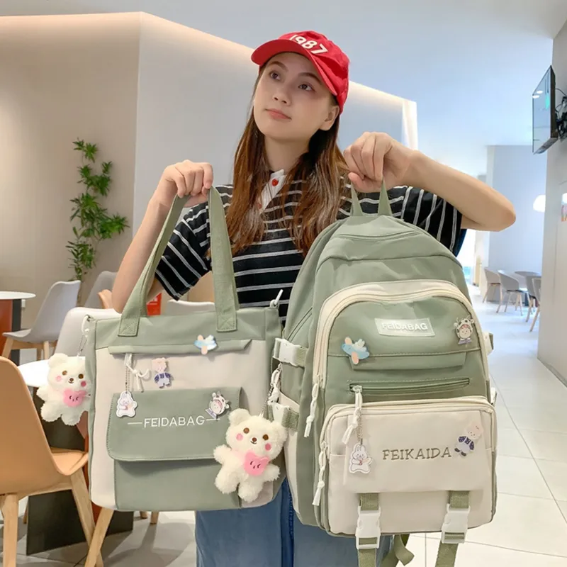 Narandu Fabric Backpack Combo Set Large Size Women's Red/Green-4