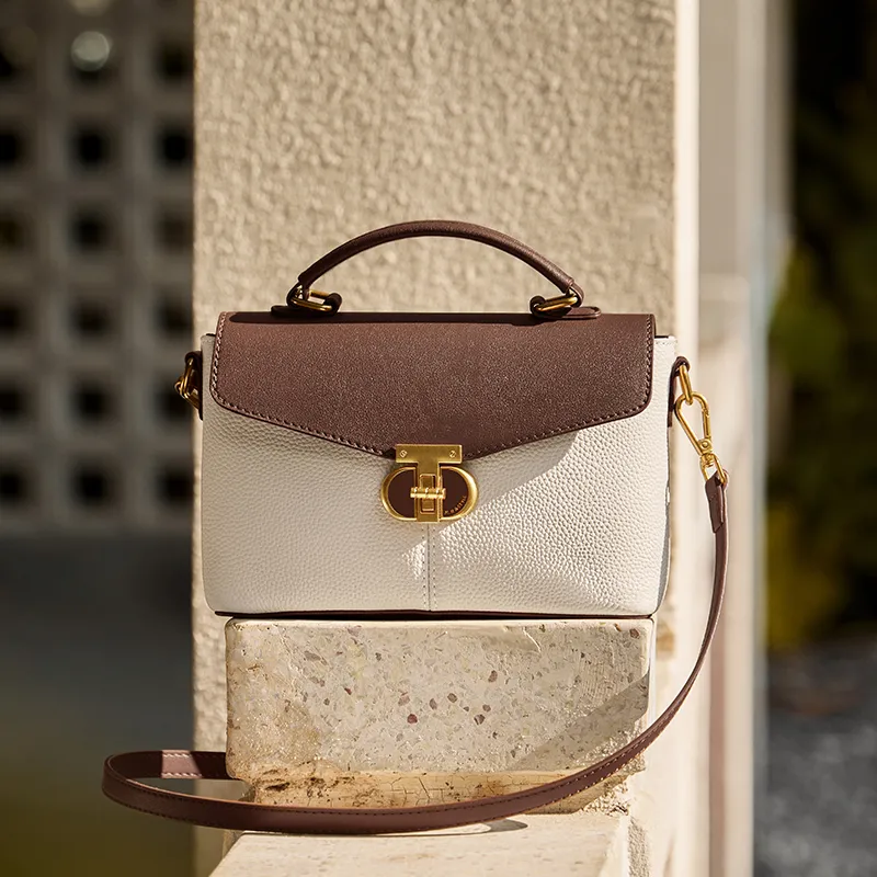 Narandu Cow Leather Shoulder Bag, Crossbody Bag, Handbag Medium Size Women's Ecru & Brown-5