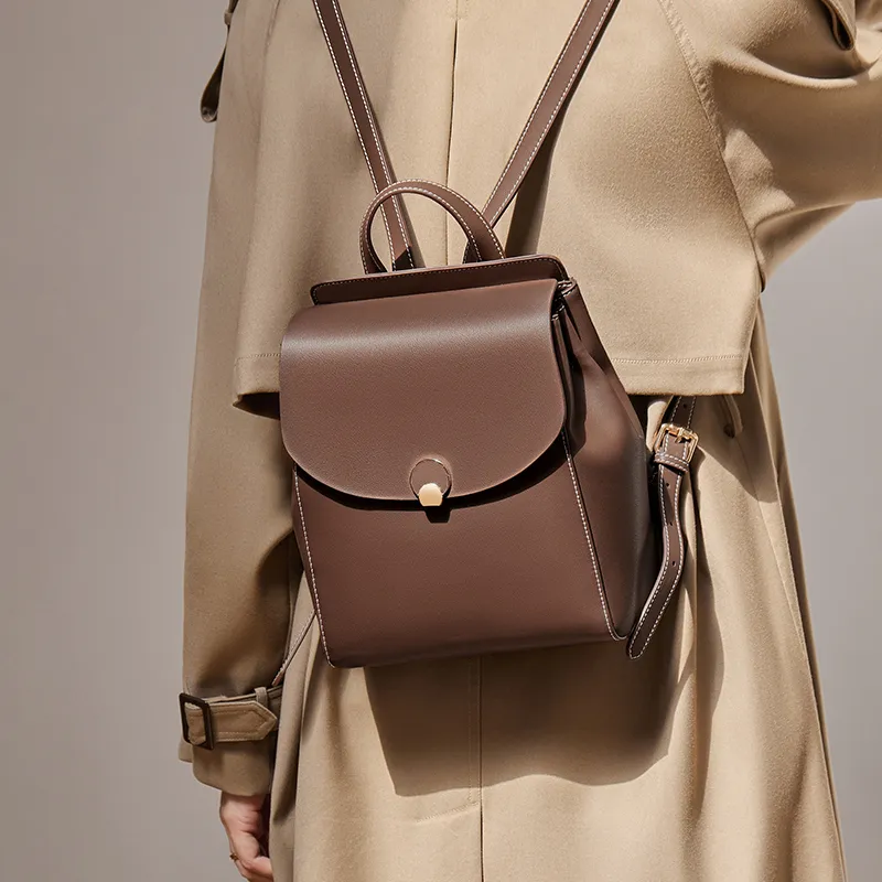 Narandu Cow Leather With Synthetic Leather Backpack Large Size Women's White & Coffee/Coffee-1