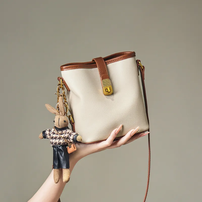 Narandu Synthetic Leather With Cow Leather Bucket Bag, Shoulder Bag Small Size Women's Vegetable Tanned Ecru & Brown-1