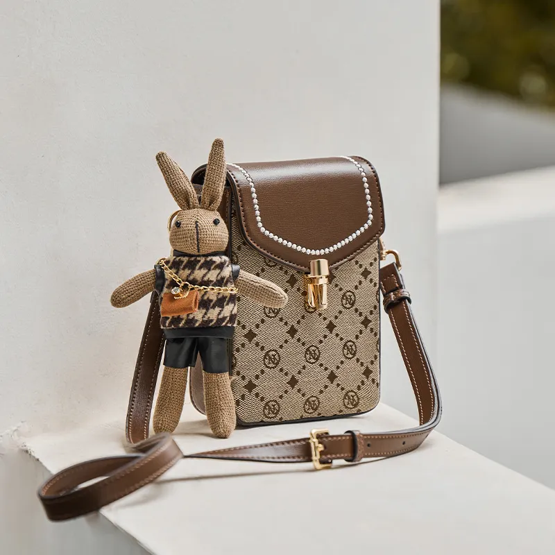 Narandu Fabric With Synthetic Leather Shoulder Bag, Crossbody Bag, Cell Phone Pouch Mini Women's Coffee-1