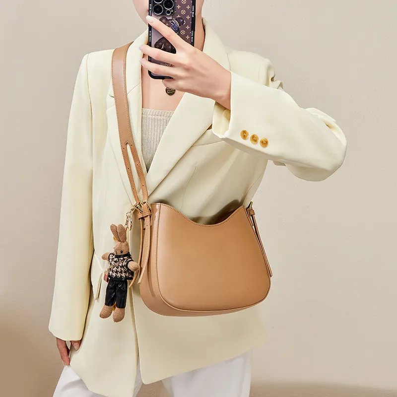 Narandu Cow Leather Shoulder Bag Bucket Bag Crossbody Bag Shoulder Bag Medium Size Women's Khaki/Coffee/Ecru & Apricot-2