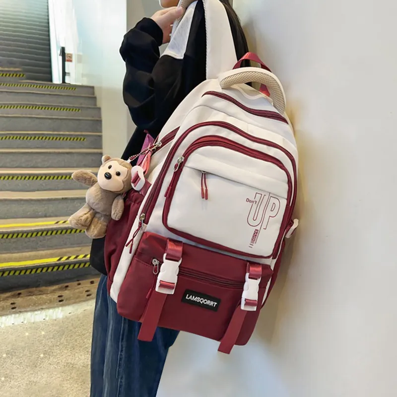 Narandu Fabric Backpacks Large Size Unisex Milk Tea/Burgundy/Pink & Blue-8