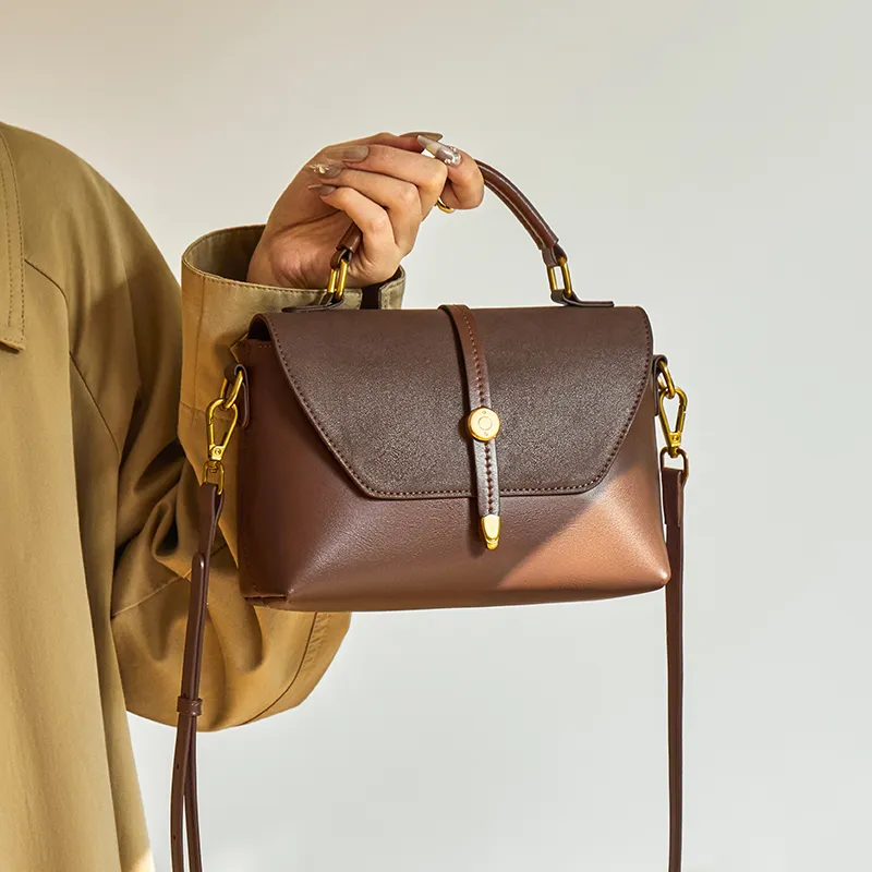 Narandu Cow Leather Patchwork Synthetic Leather Handbag Small Size Women's Coffee-2
