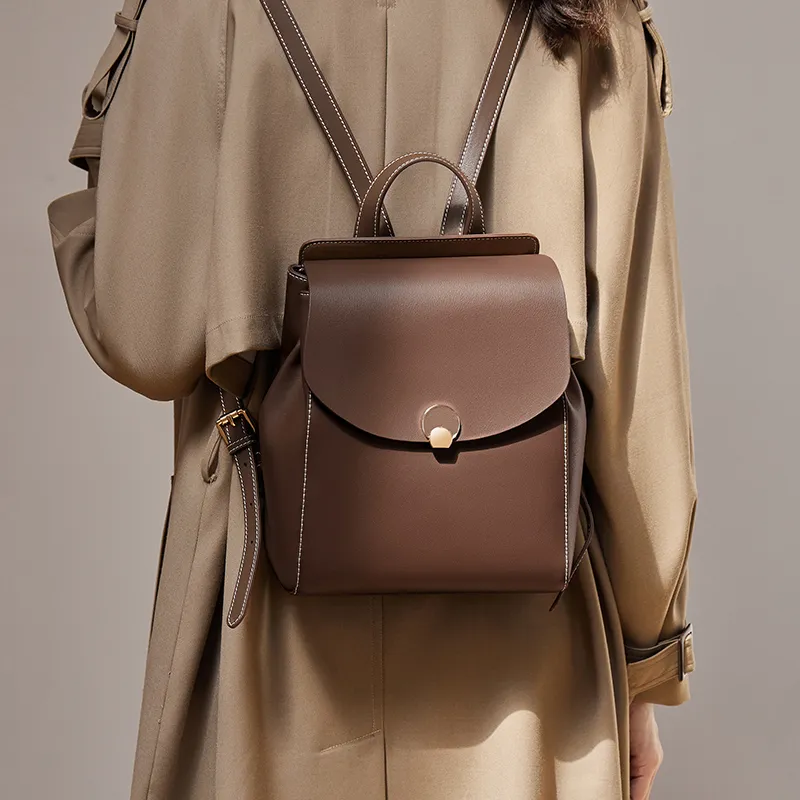 Narandu Cow Leather With Synthetic Leather Backpack Large Size Women's White & Coffee/Coffee-5