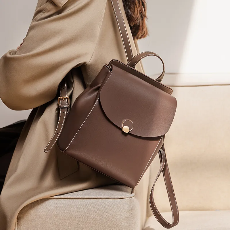 Narandu Cow Leather With Synthetic Leather Backpack Large Size Women's White & Coffee/Coffee-2