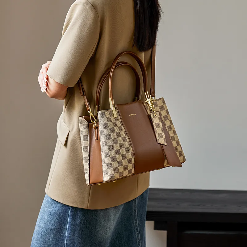Narandu PVC Synthetic Leather Tote Shoulder Bag Crossbody Bag Handbag Large Size Women's Khaki-5