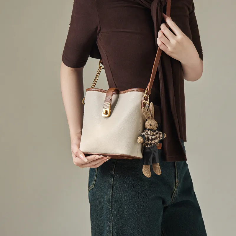 Narandu Synthetic Leather With Cow Leather Bucket Bag, Shoulder Bag Small Size Women's Vegetable Tanned Ecru & Brown-3