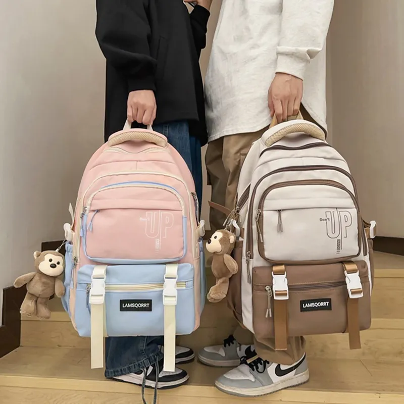 Narandu Fabric Backpacks Large Size Unisex Milk Tea/Burgundy/Pink & Blue-3