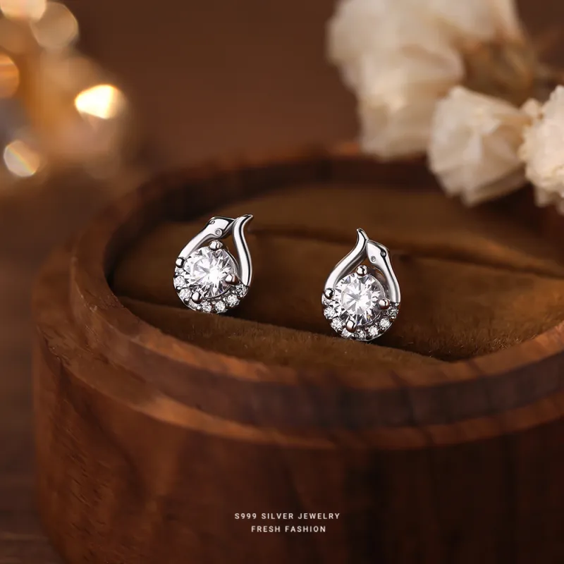 U state 999 Sterling Silver With Zircon Stud Earrings Women's-1