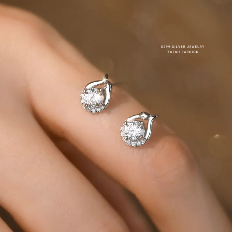 U state 999 Sterling Silver With Zircon Stud Earrings Women's-3