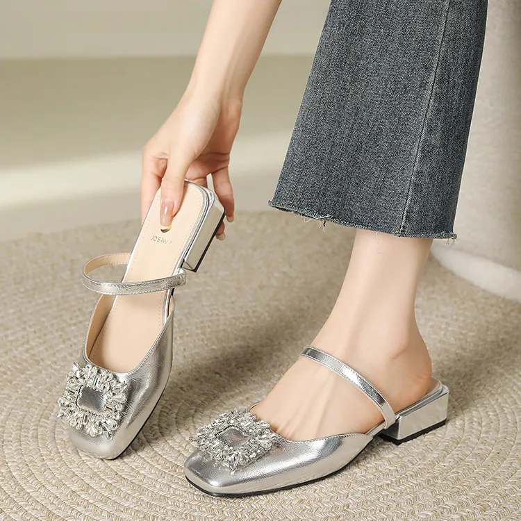 JOSINY Square Head Rhinestone Women's Casual Shoes Women's Silver-11