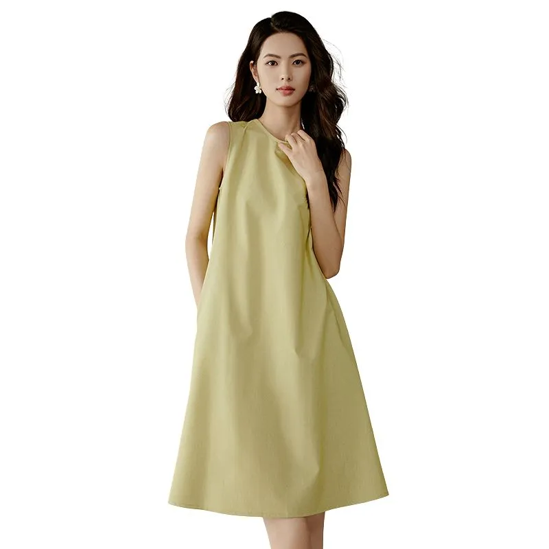 Late White Sleeveless Dress Women's Light Yellow-2