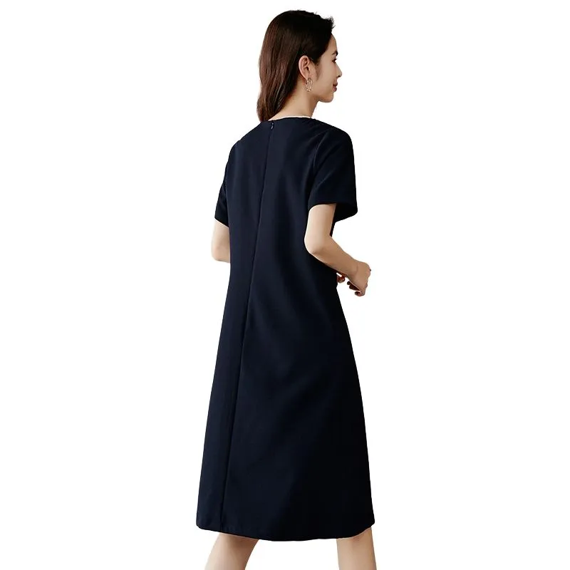 Late White Short Sleeved Dress Women's Dark Blue-3