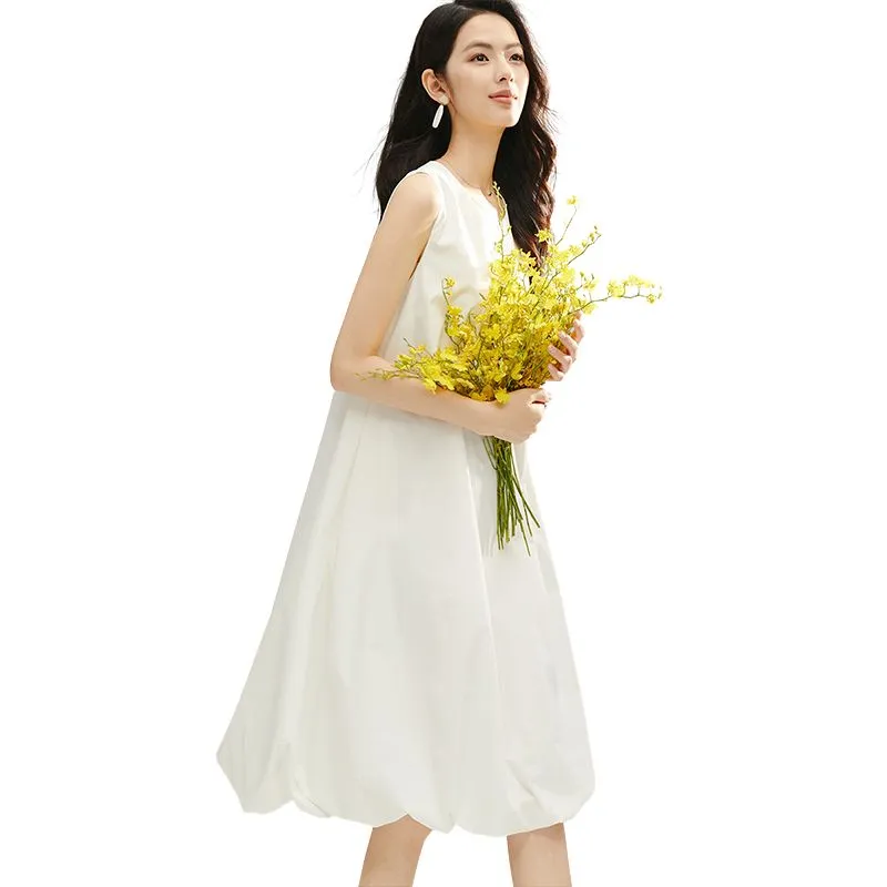 Late White Sleeveless Dress Women's-2