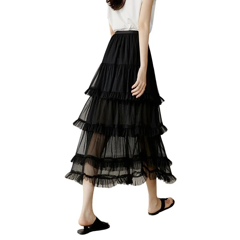 Late White Casual Long Skirt Women's Black-3