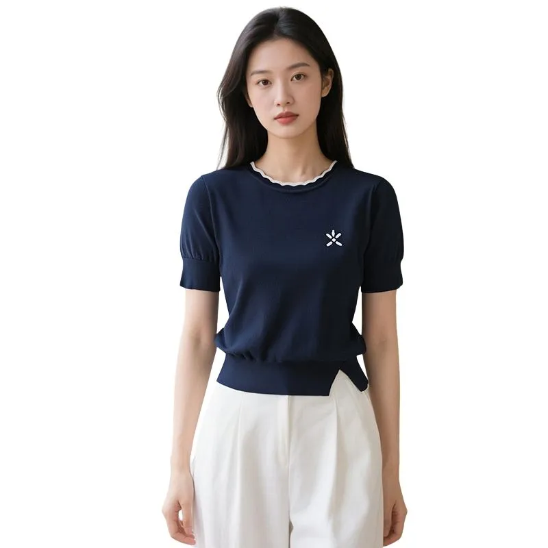 Late White Knitted Fabric Short Sleeved Women's Royal Blue-2