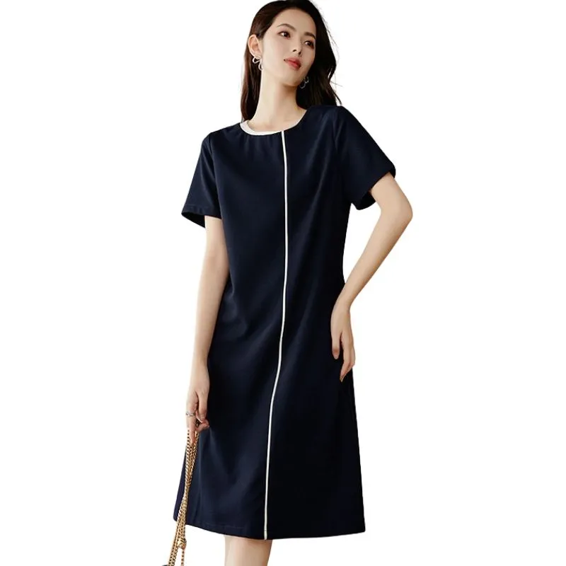 Late White Short Sleeved Dress Women's Dark Blue-2