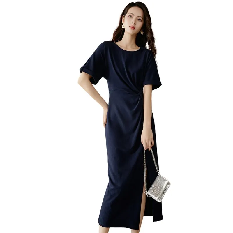 Late White Short Sleeved Dress Women's Dark Blue-2
