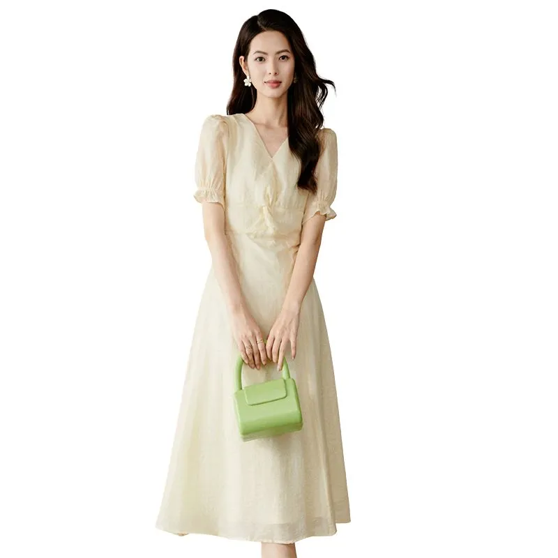 Late White Short Sleeved Dress Women's Yellow-2
