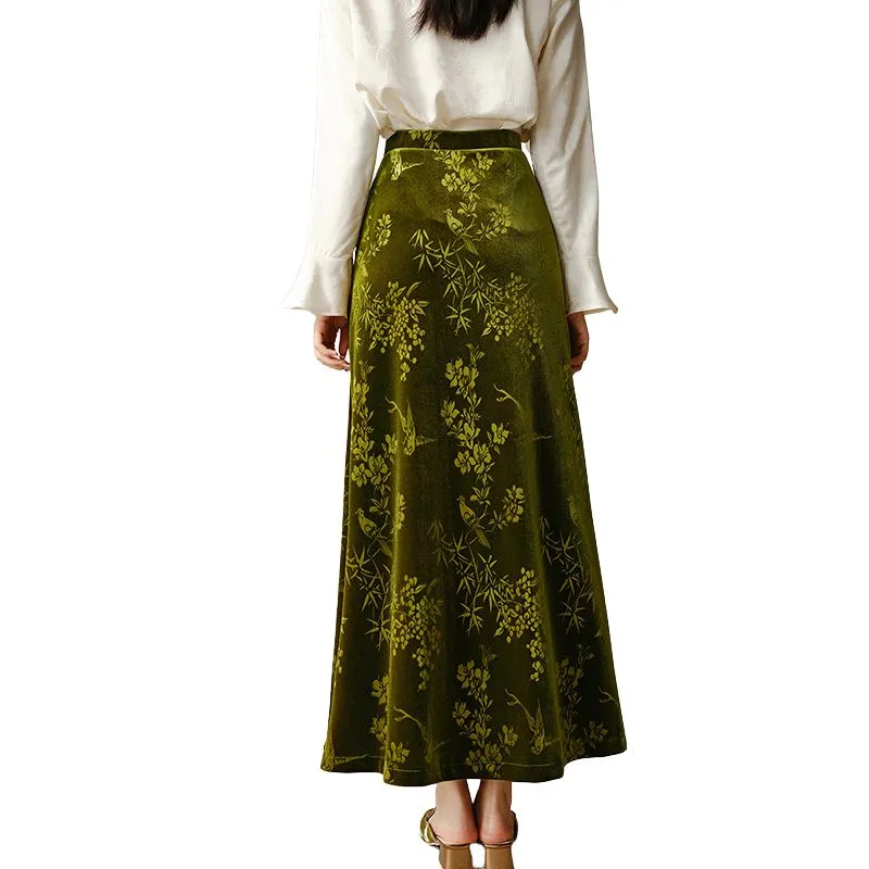 Late White Casual Long Skirts Women's Olive Green-2
