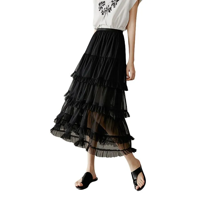 Late White Casual Long Skirt Women's Black-2