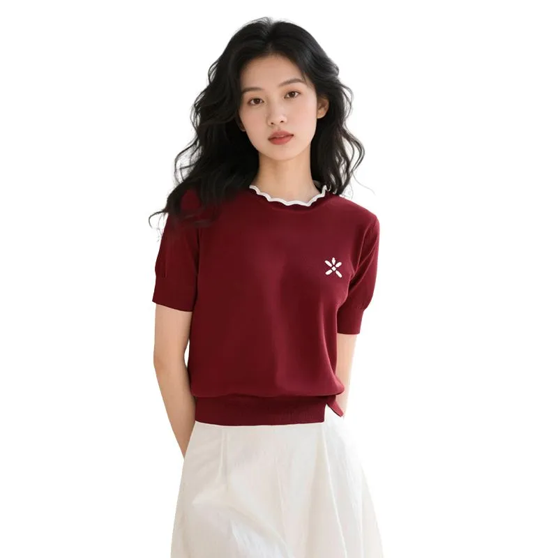 Late White Knitted Fabric Short Sleeved Women's Red-3