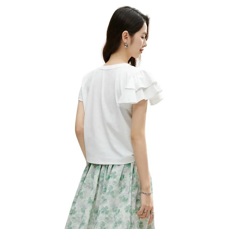 Late White Ruffle Sleeve T Shirt Women's-3