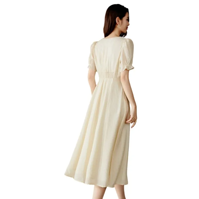 Late White Short Sleeved Dress Women's Yellow-3