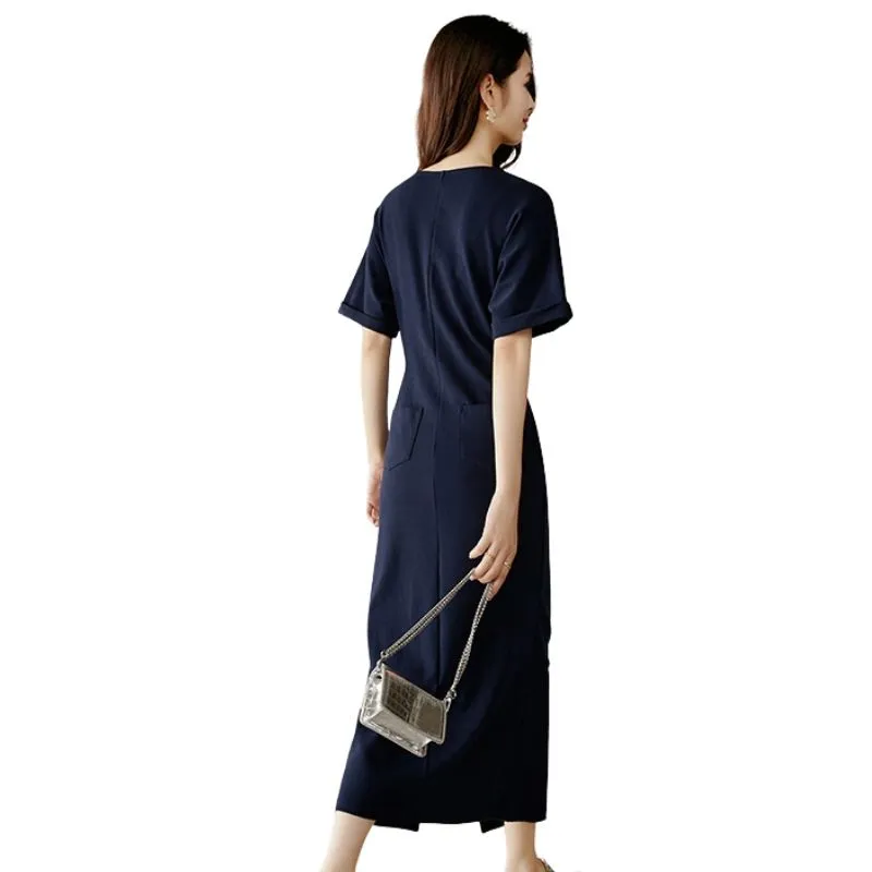 Late White Short Sleeved Dress Women's Dark Blue-3
