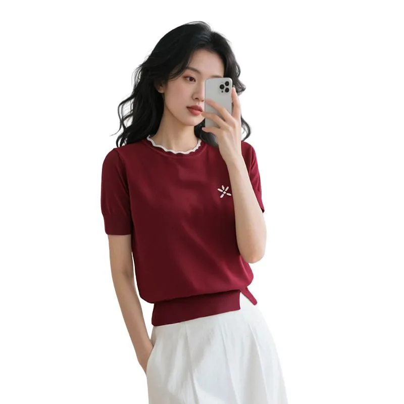 Late White Knitted Fabric Short Sleeved Women's Red-2
