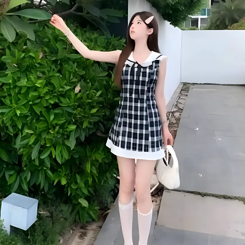 CZMO Sleeveless Dresses Women's Black White Plaid-3