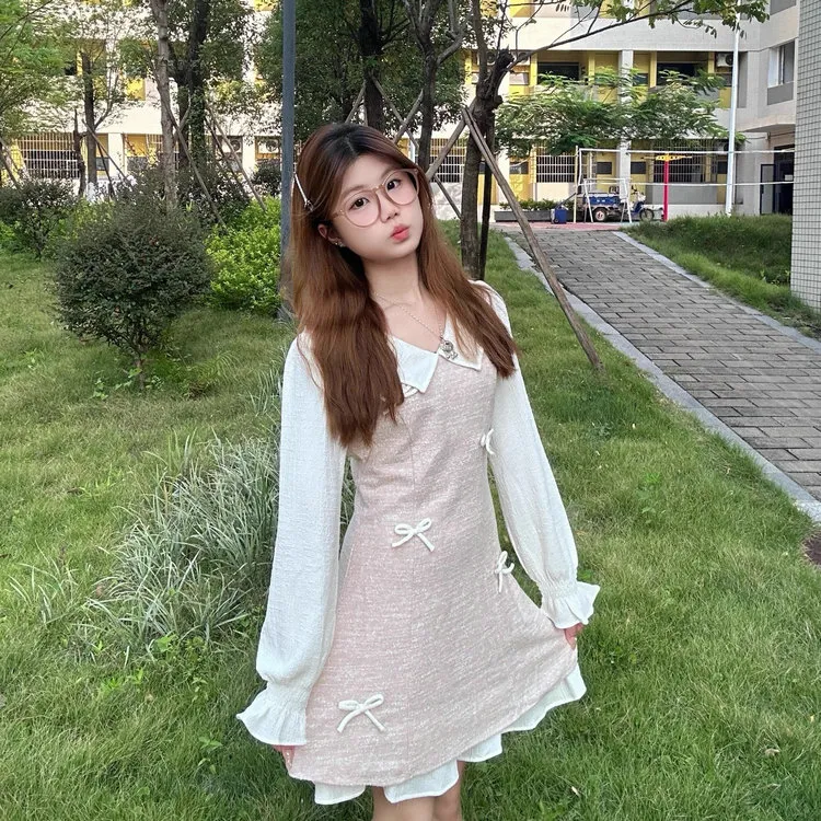 CZMO Long Sleeved Dress Women's Pink Mock Two Piece Dress-3