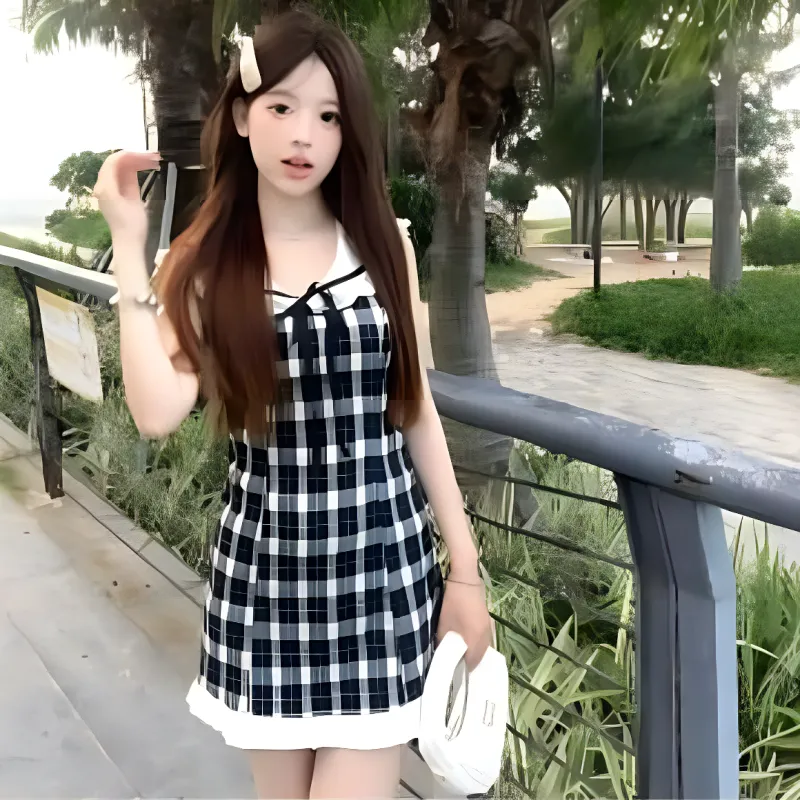 CZMO Sleeveless Dresses Women's Black White Plaid-2