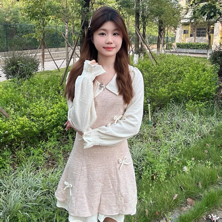 CZMO Long Sleeved Dress Women's Pink Mock Two Piece Dress-2