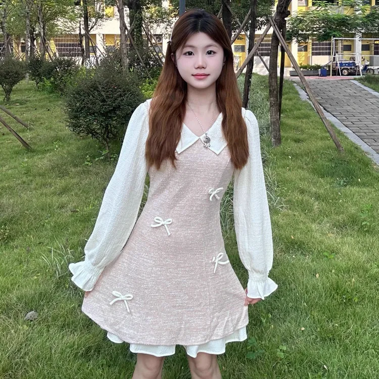CZMO Long Sleeved Dress Women's Pink Mock Two Piece Dress-4
