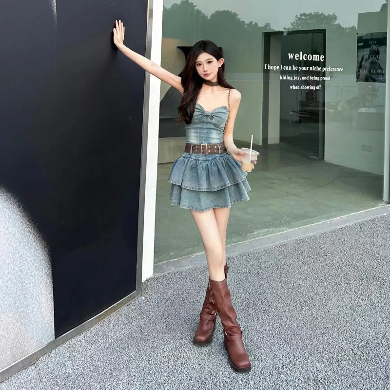 OZVO Sleeveless Dresses Women's Denim Dress With Belt/Scarf-2