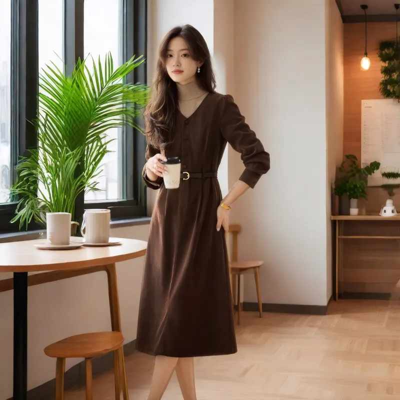 OZVO Long Sleeved Dresses Women's Coffee-6
