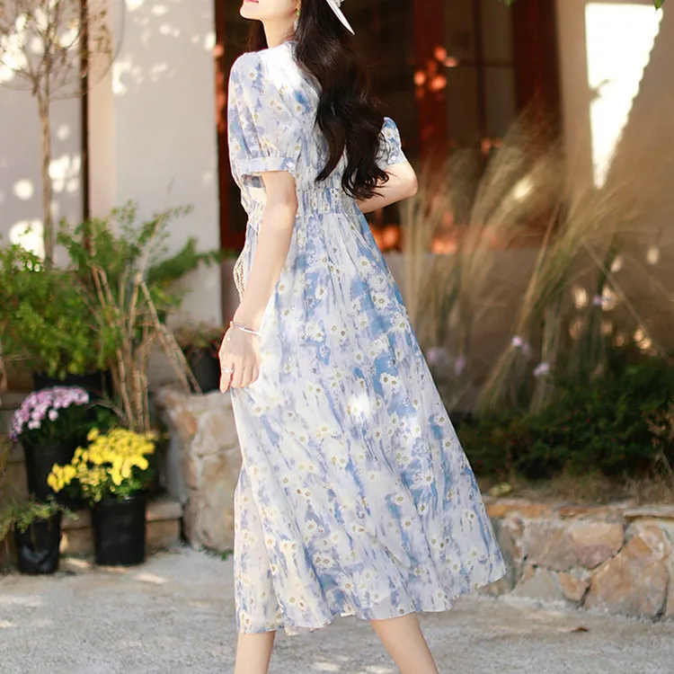 OZVO Short Sleeved Dresses Women's Blue Floral-2