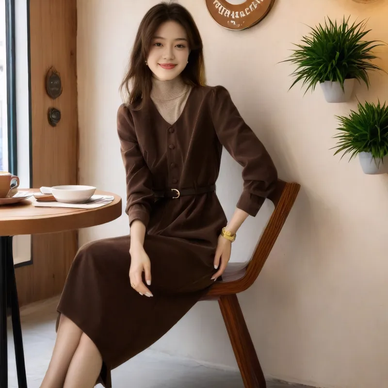 OZVO Long Sleeved Dresses Women's Coffee-5