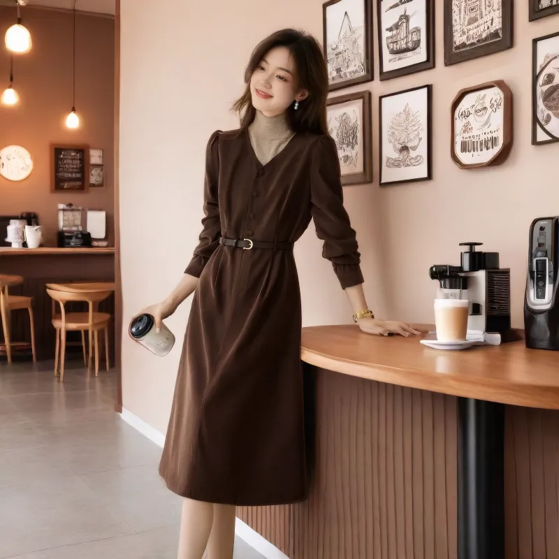 OZVO Long Sleeved Dresses Women's Coffee-3