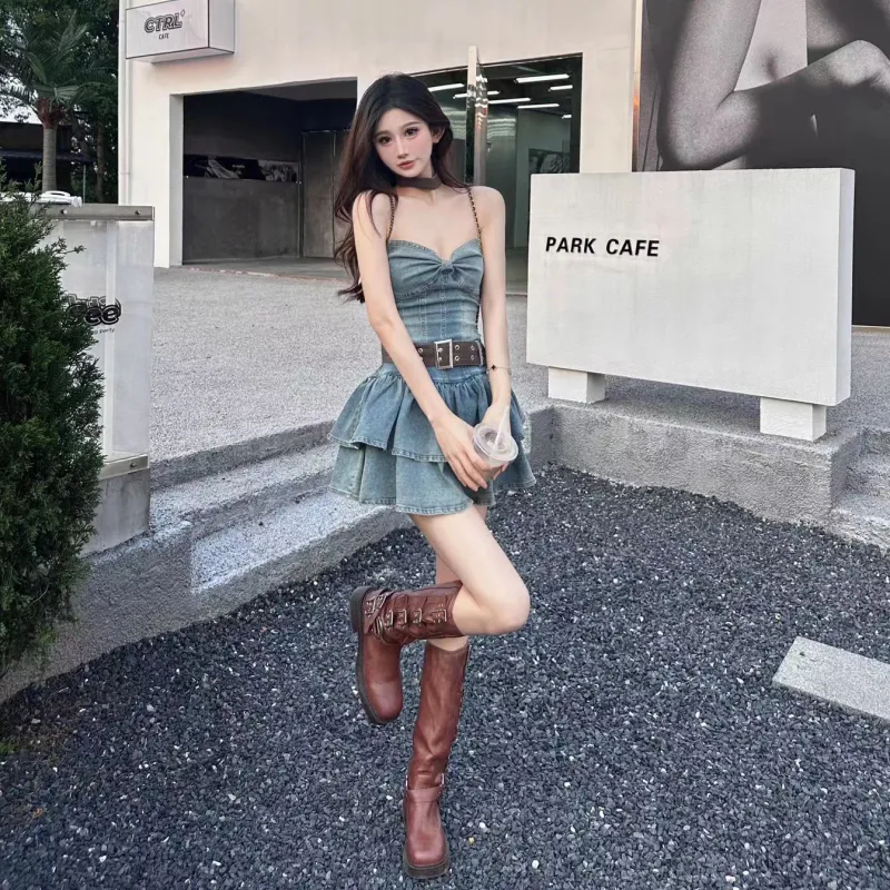 OZVO Sleeveless Dresses Women's Denim Dress With Belt/Scarf-3