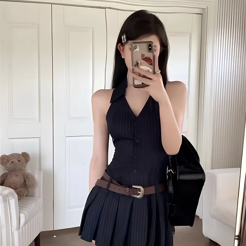 OZVO Sleeveless Dresses Women's Navy Blue+Belt-4