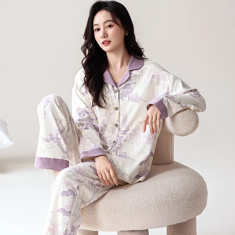 Pretty Lady Pajama Set Women's Beige White Purple-4
