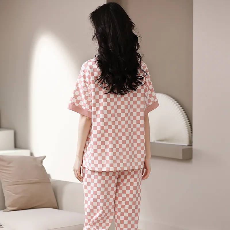 Pretty Lady Pajama Set Women's Pink White Plaid-1