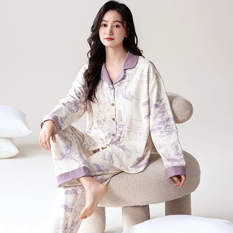 Pretty Lady Pajama Set Women's Beige White Purple-3