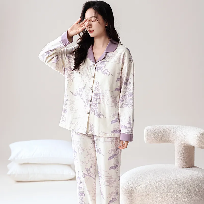Pretty Lady Pajama Set Women's Beige White Purple-1